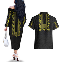 Philippines Polynesian Floral Pattern Couples Matching Off The Shoulder Long Sleeve Dress and Hawaiian Shirt With Barong Tagalog Black Style LT03 - Polynesian Pride