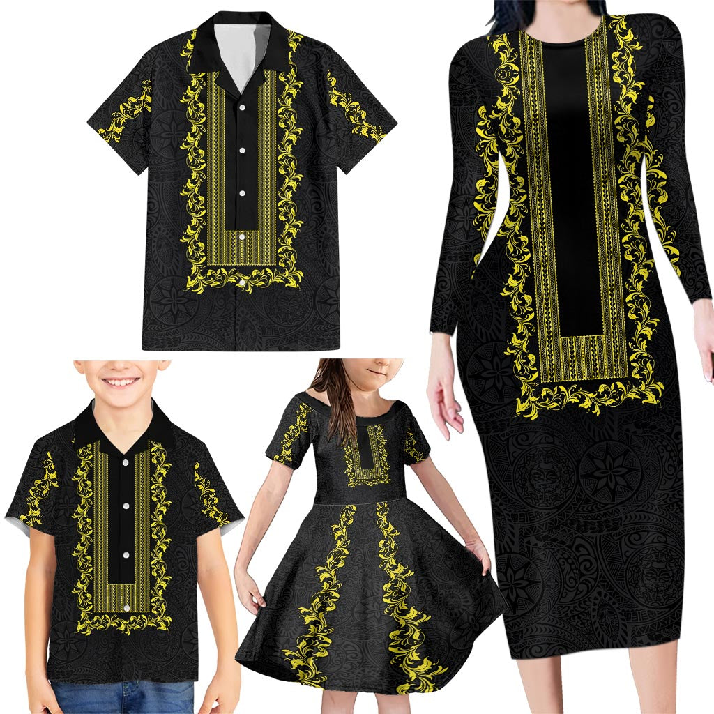Philippines Polynesian Floral Pattern Family Matching Long Sleeve Bodycon Dress and Hawaiian Shirt With Barong Tagalog Black Style LT03 - Polynesian Pride