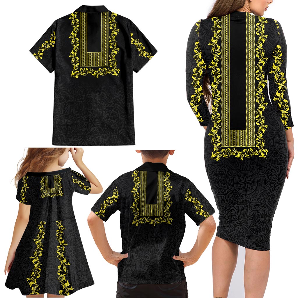 Philippines Polynesian Floral Pattern Family Matching Long Sleeve Bodycon Dress and Hawaiian Shirt With Barong Tagalog Black Style LT03 - Polynesian Pride