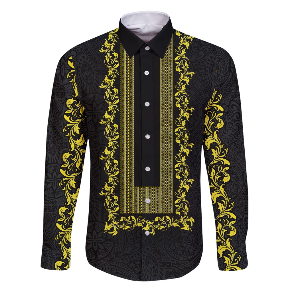 Philippines Polynesian Floral Pattern Family Matching Long Sleeve Bodycon Dress and Hawaiian Shirt With Barong Tagalog Black Style LT03 Dad's Shirt - Long Sleeve Black - Polynesian Pride