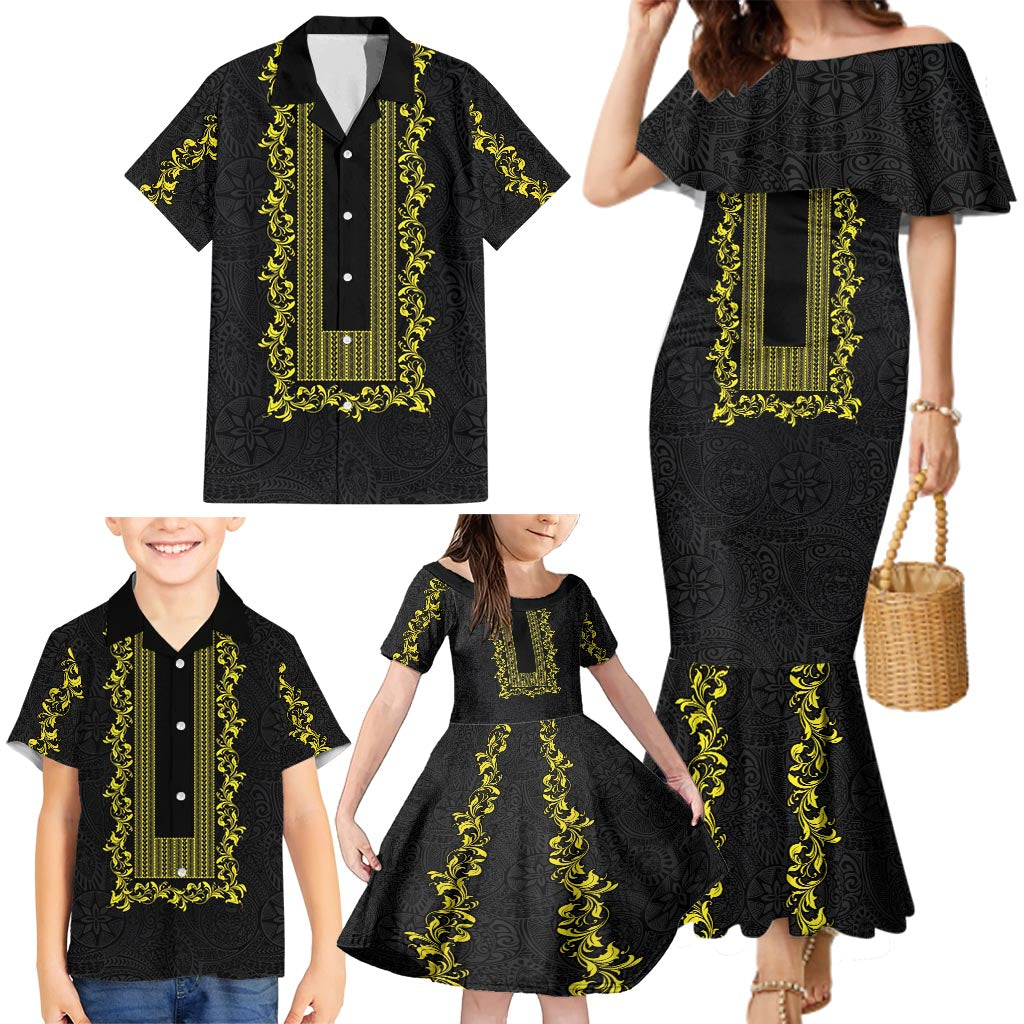 Philippines Polynesian Floral Pattern Family Matching Mermaid Dress and Hawaiian Shirt With Barong Tagalog Black Style LT03 - Polynesian Pride