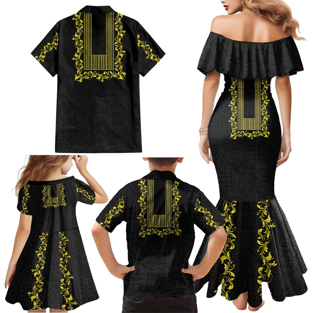 Philippines Polynesian Floral Pattern Family Matching Mermaid Dress and Hawaiian Shirt With Barong Tagalog Black Style LT03 - Polynesian Pride
