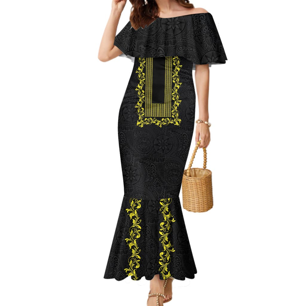 Philippines Polynesian Floral Pattern Family Matching Mermaid Dress and Hawaiian Shirt With Barong Tagalog Black Style LT03 Mom's Dress Black - Polynesian Pride