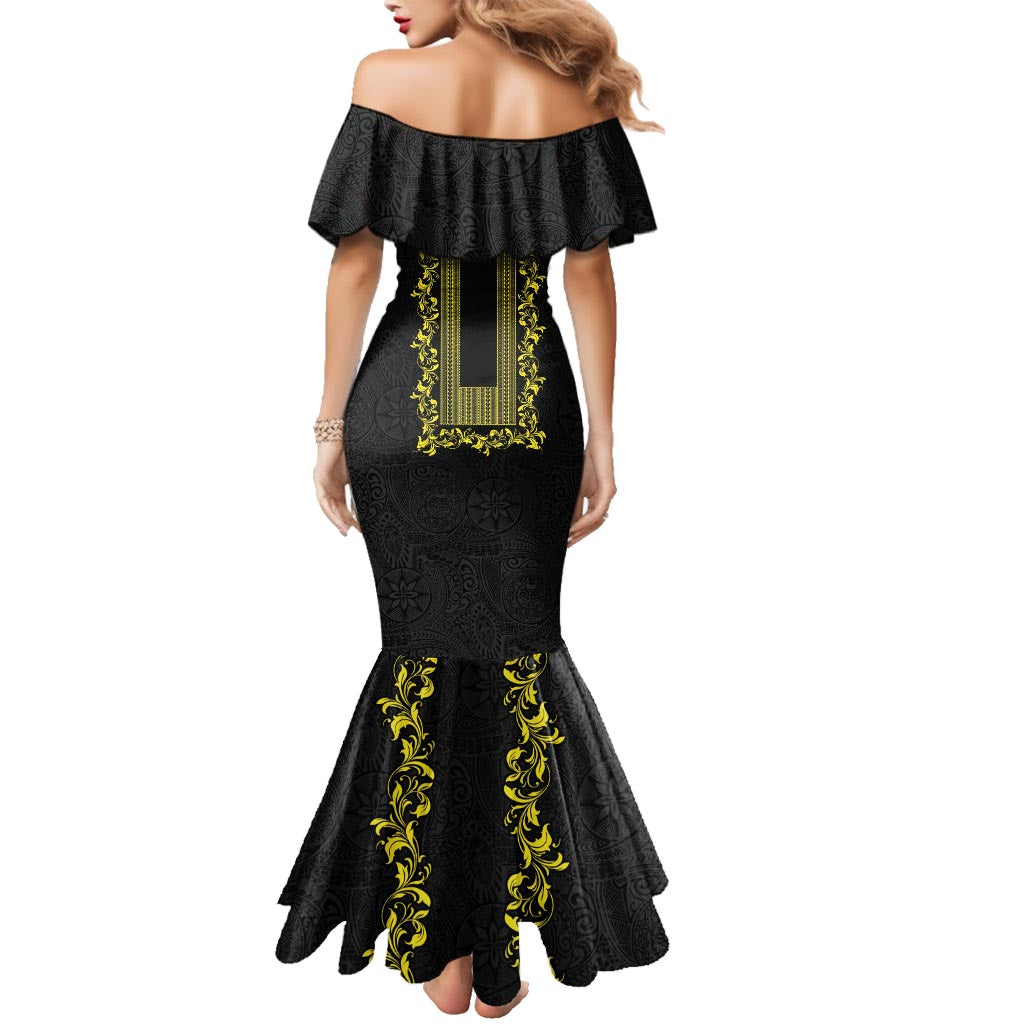 Philippines Polynesian Floral Pattern Family Matching Mermaid Dress and Hawaiian Shirt With Barong Tagalog Black Style LT03 - Polynesian Pride