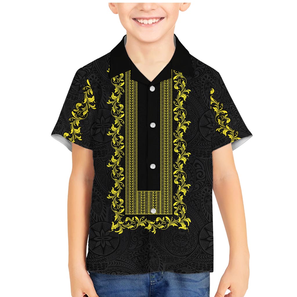 Philippines Polynesian Floral Pattern Family Matching Mermaid Dress and Hawaiian Shirt With Barong Tagalog Black Style LT03 Son's Shirt Black - Polynesian Pride