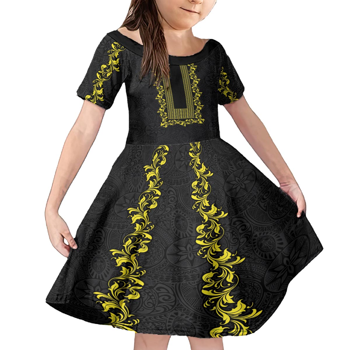 Philippines Polynesian Floral Pattern Family Matching Off The Shoulder Long Sleeve Dress and Hawaiian Shirt With Barong Tagalog Black Style LT03 Daughter's Dress Black - Polynesian Pride