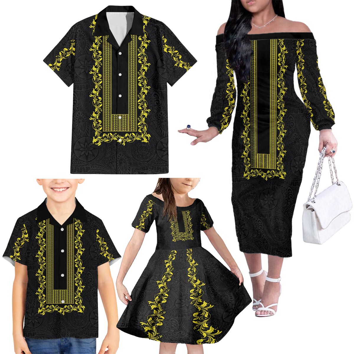 Philippines Polynesian Floral Pattern Family Matching Off The Shoulder Long Sleeve Dress and Hawaiian Shirt With Barong Tagalog Black Style LT03 - Polynesian Pride
