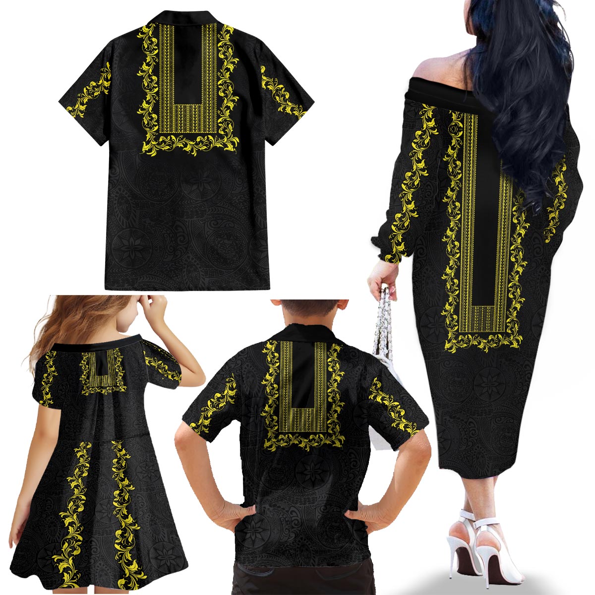 Philippines Polynesian Floral Pattern Family Matching Off The Shoulder Long Sleeve Dress and Hawaiian Shirt With Barong Tagalog Black Style LT03 - Polynesian Pride
