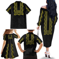Philippines Polynesian Floral Pattern Family Matching Off The Shoulder Long Sleeve Dress and Hawaiian Shirt With Barong Tagalog Black Style LT03 - Polynesian Pride