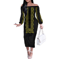 Philippines Polynesian Floral Pattern Family Matching Off The Shoulder Long Sleeve Dress and Hawaiian Shirt With Barong Tagalog Black Style LT03 Mom's Dress Black - Polynesian Pride