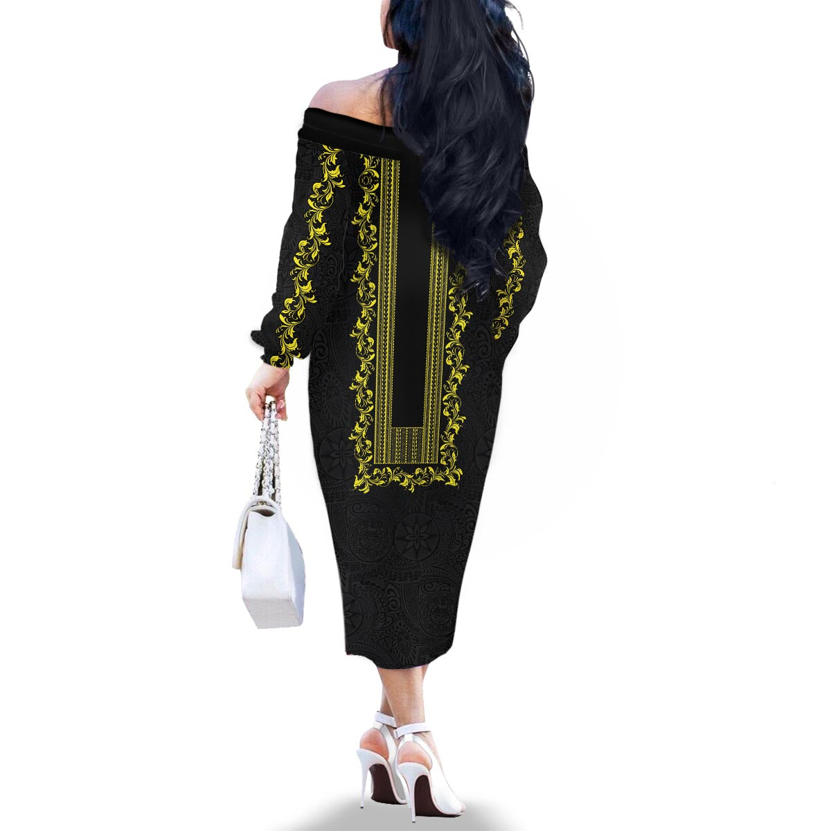 Philippines Polynesian Floral Pattern Family Matching Off The Shoulder Long Sleeve Dress and Hawaiian Shirt With Barong Tagalog Black Style LT03 - Polynesian Pride