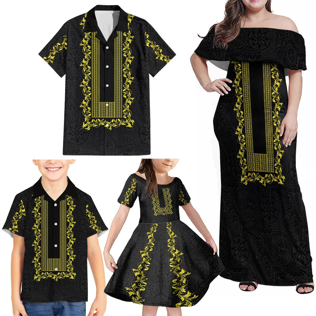 Philippines Polynesian Floral Pattern Family Matching Off Shoulder Maxi Dress and Hawaiian Shirt With Barong Tagalog Black Style LT03 - Polynesian Pride