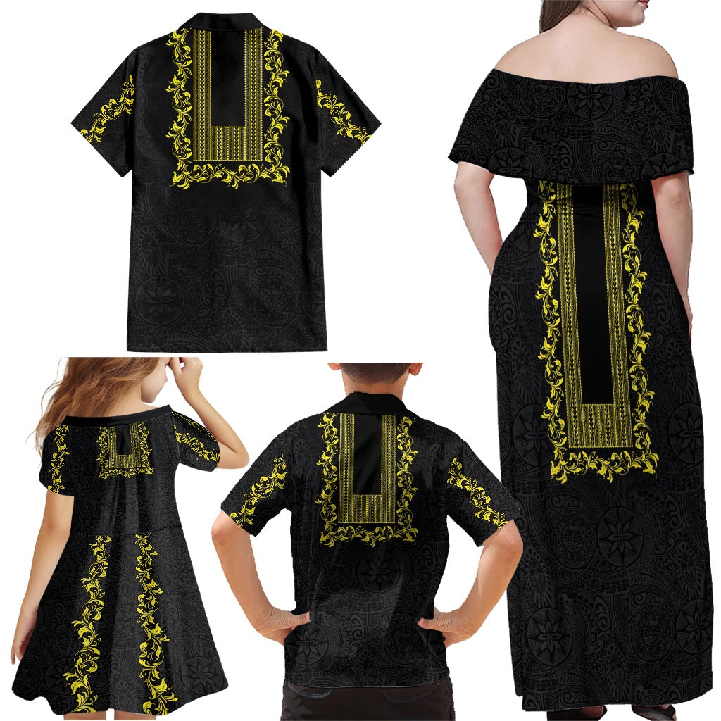 Philippines Polynesian Floral Pattern Family Matching Off Shoulder Maxi Dress and Hawaiian Shirt With Barong Tagalog Black Style LT03 - Polynesian Pride