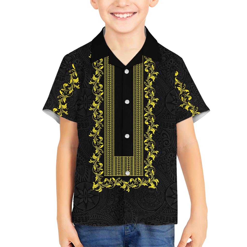 Philippines Polynesian Floral Pattern Family Matching Off Shoulder Maxi Dress and Hawaiian Shirt With Barong Tagalog Black Style LT03 Son's Shirt Black - Polynesian Pride