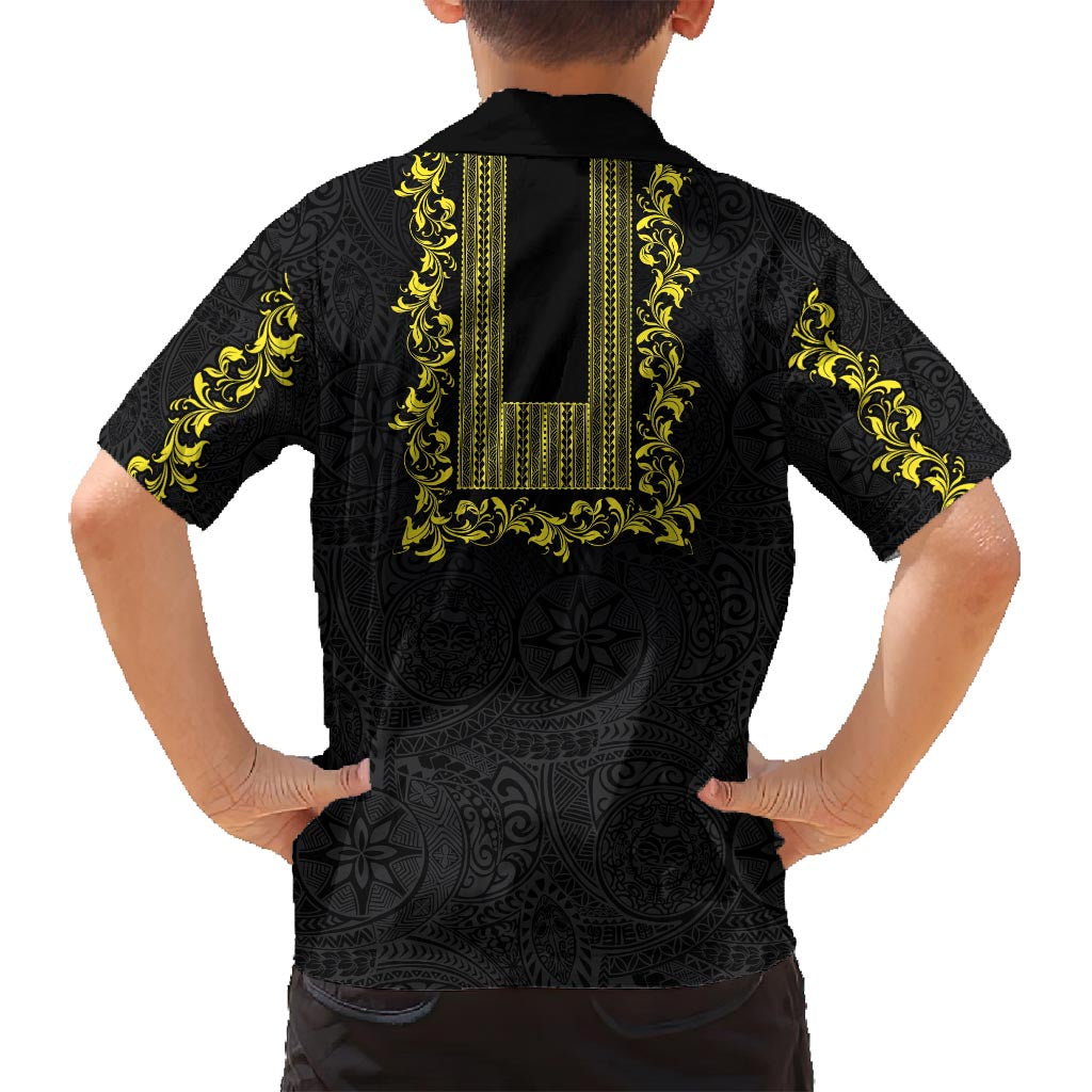 Philippines Polynesian Floral Pattern Family Matching Off Shoulder Short Dress and Hawaiian Shirt With Barong Tagalog Black Style LT03 - Polynesian Pride