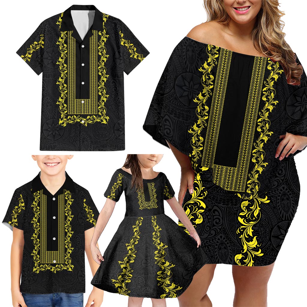 Philippines Polynesian Floral Pattern Family Matching Off Shoulder Short Dress and Hawaiian Shirt With Barong Tagalog Black Style LT03 - Polynesian Pride