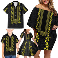 Philippines Polynesian Floral Pattern Family Matching Off Shoulder Short Dress and Hawaiian Shirt With Barong Tagalog Black Style LT03 - Polynesian Pride