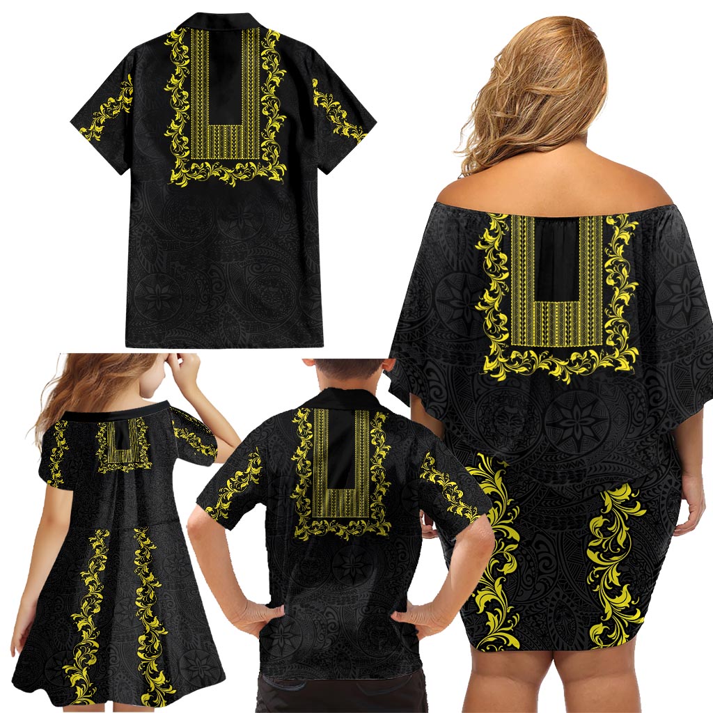 Philippines Polynesian Floral Pattern Family Matching Off Shoulder Short Dress and Hawaiian Shirt With Barong Tagalog Black Style LT03 - Polynesian Pride