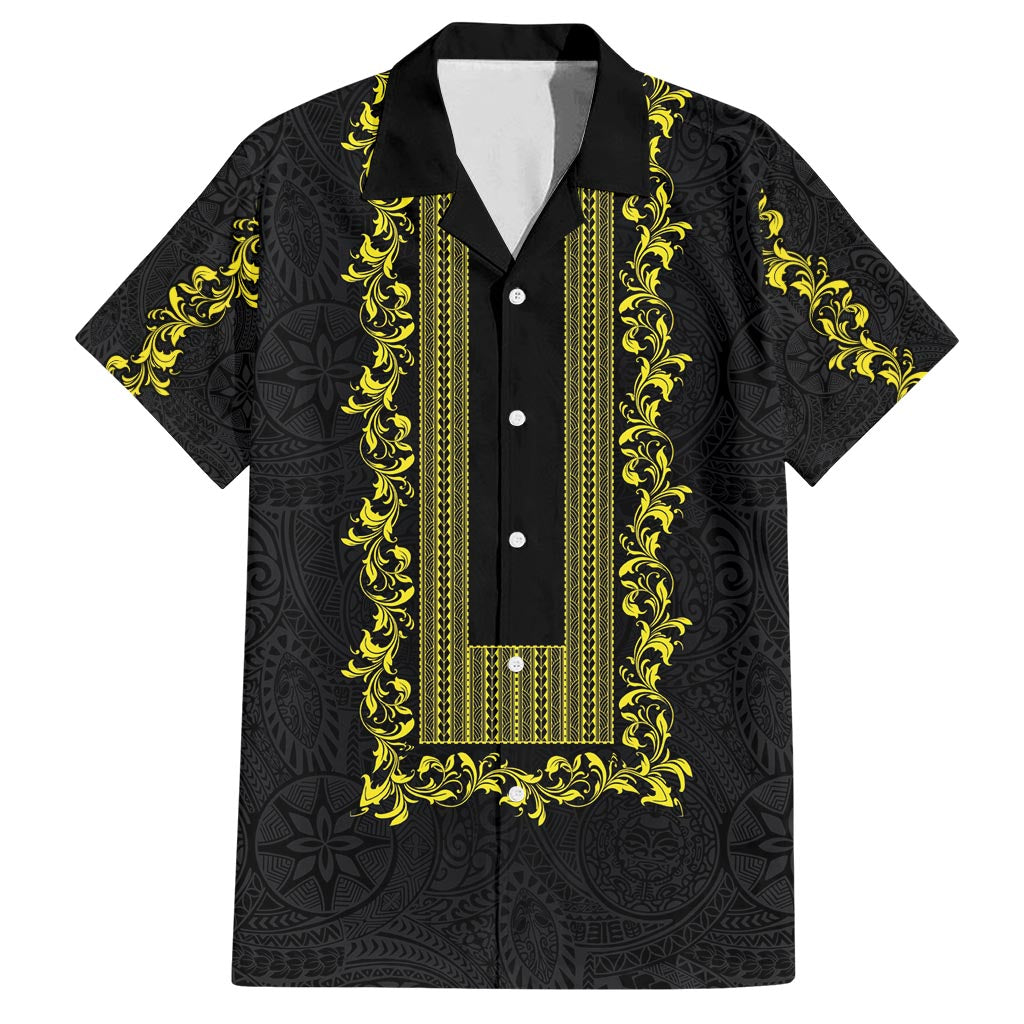 Philippines Polynesian Floral Pattern Family Matching Off Shoulder Short Dress and Hawaiian Shirt With Barong Tagalog Black Style LT03 Dad's Shirt - Short Sleeve Black - Polynesian Pride