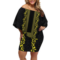 Philippines Polynesian Floral Pattern Family Matching Off Shoulder Short Dress and Hawaiian Shirt With Barong Tagalog Black Style LT03 Mom's Dress Black - Polynesian Pride