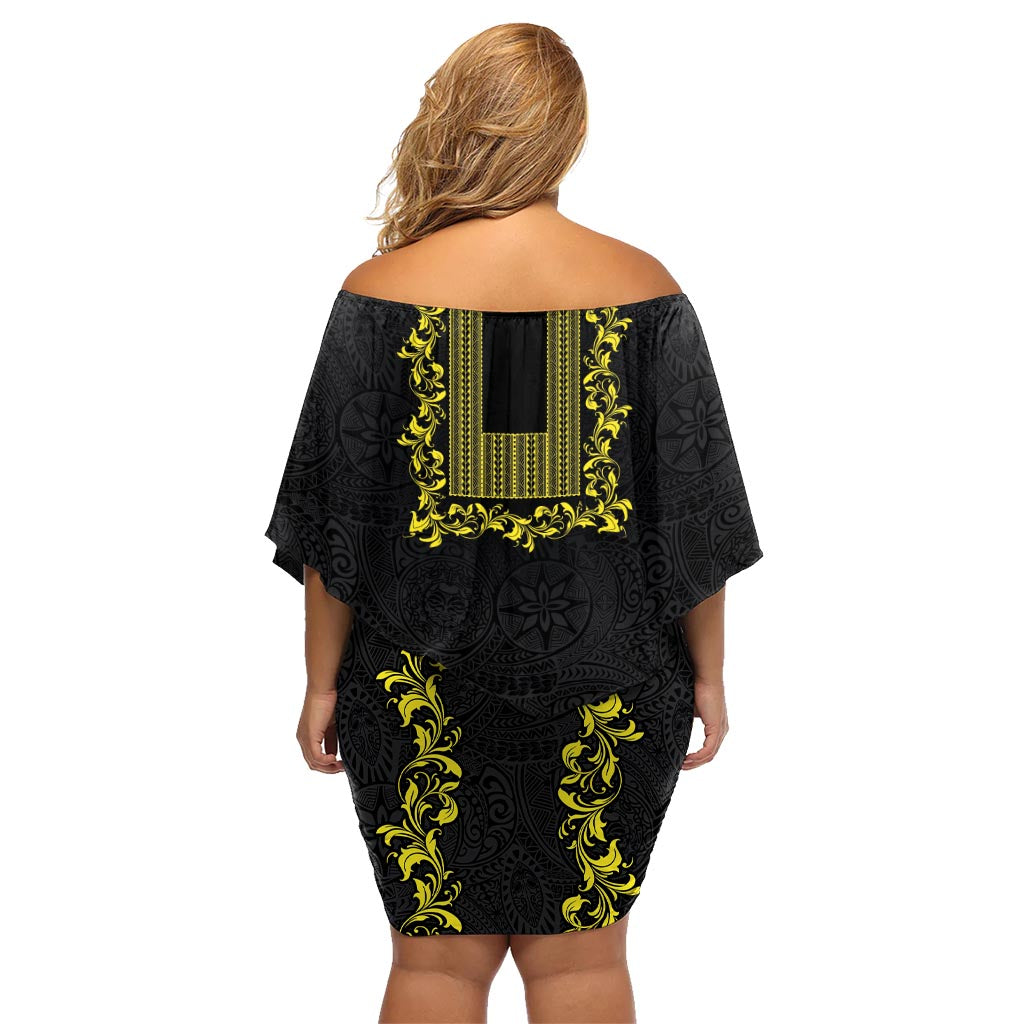 Philippines Polynesian Floral Pattern Family Matching Off Shoulder Short Dress and Hawaiian Shirt With Barong Tagalog Black Style LT03 - Polynesian Pride