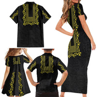 Philippines Polynesian Floral Pattern Family Matching Short Sleeve Bodycon Dress and Hawaiian Shirt With Barong Tagalog Black Style LT03 - Polynesian Pride
