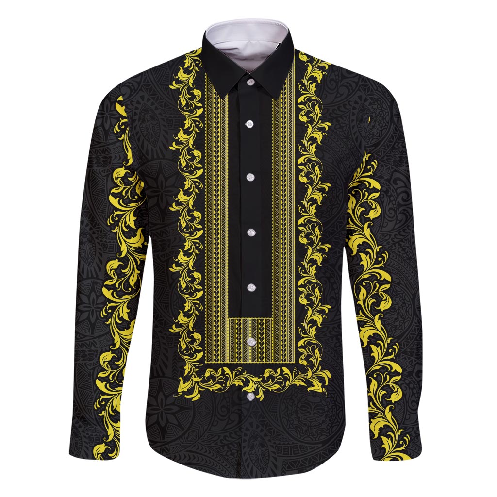 Philippines Polynesian Floral Pattern Family Matching Short Sleeve Bodycon Dress and Hawaiian Shirt With Barong Tagalog Black Style LT03 Dad's Shirt - Long Sleeve Black - Polynesian Pride