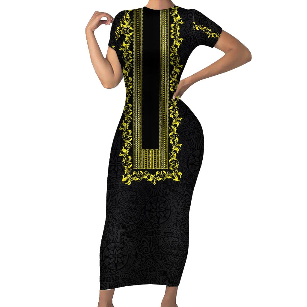 Philippines Polynesian Floral Pattern Family Matching Short Sleeve Bodycon Dress and Hawaiian Shirt With Barong Tagalog Black Style LT03 Mom's Dress Black - Polynesian Pride