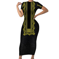 Philippines Polynesian Floral Pattern Family Matching Short Sleeve Bodycon Dress and Hawaiian Shirt With Barong Tagalog Black Style LT03 Mom's Dress Black - Polynesian Pride