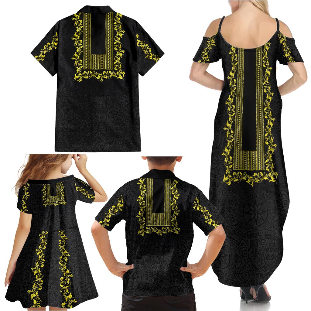 Philippines Polynesian Floral Pattern Family Matching Summer Maxi Dress and Hawaiian Shirt With Barong Tagalog Black Style LT03 - Polynesian Pride