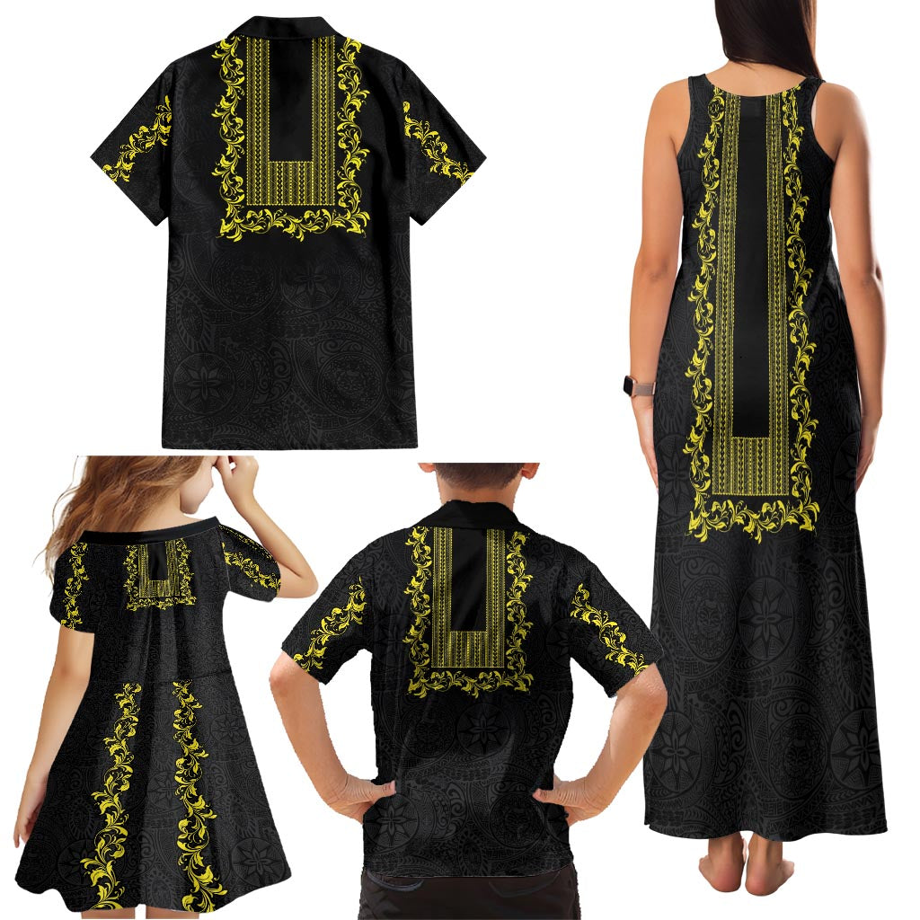 Philippines Polynesian Floral Pattern Family Matching Tank Maxi Dress and Hawaiian Shirt With Barong Tagalog Black Style LT03 - Polynesian Pride