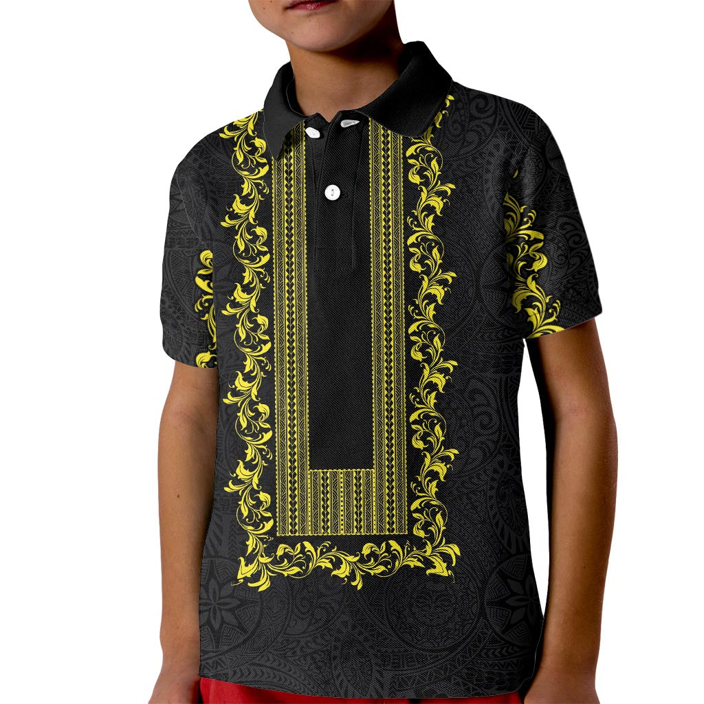 Philippines Polynesian Floral Pattern Kid Polo Shirt With Barong Tagalog Black Style LT03 Kid Black - Polynesian Pride