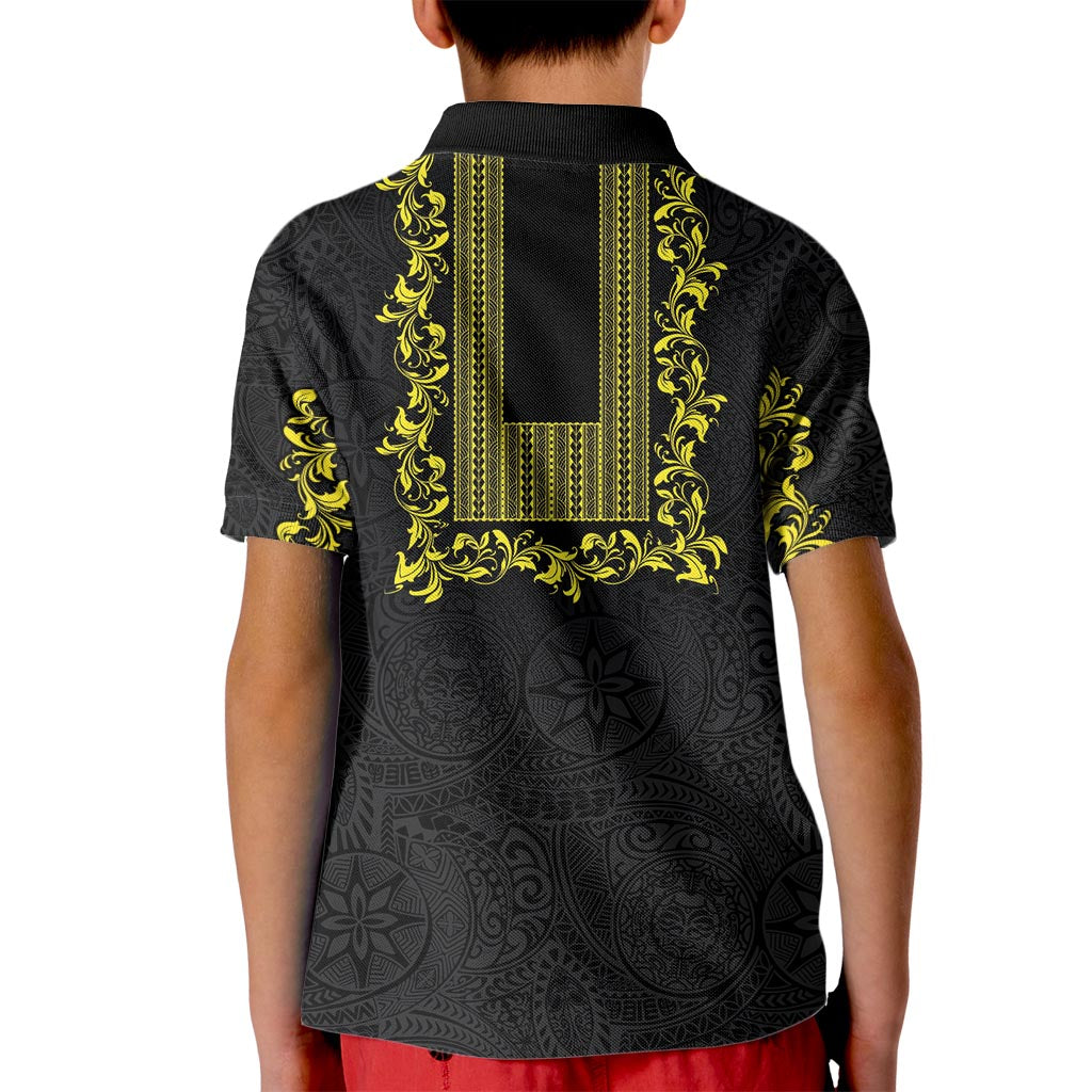 Philippines Polynesian Floral Pattern Kid Polo Shirt With Barong Tagalog Black Style LT03 - Polynesian Pride