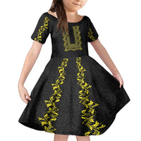 Philippines Polynesian Floral Pattern Kid Short Sleeve Dress With Barong Tagalog Black Style LT03 KID Black - Polynesian Pride