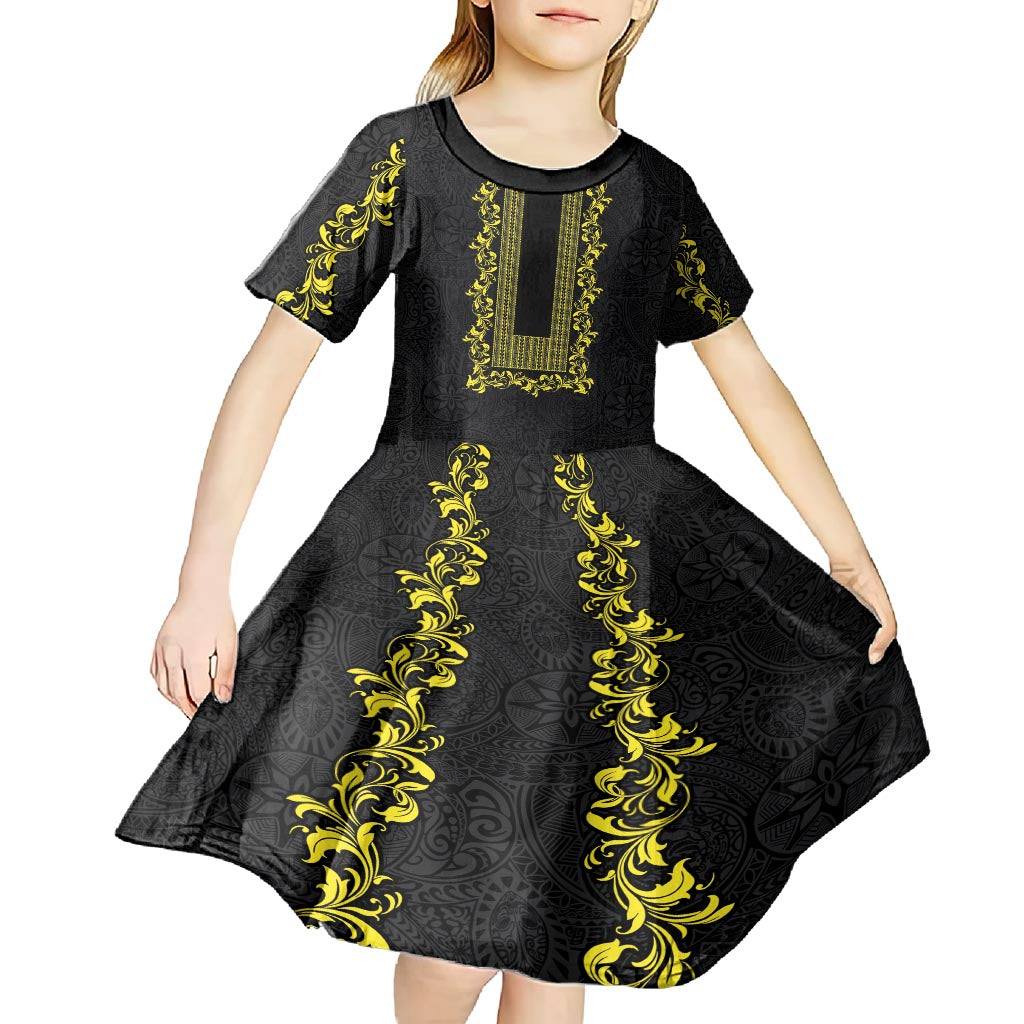 Philippines Polynesian Floral Pattern Kid Short Sleeve Dress With Barong Tagalog Black Style LT03 - Polynesian Pride