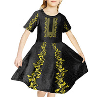 Philippines Polynesian Floral Pattern Kid Short Sleeve Dress With Barong Tagalog Black Style LT03 - Polynesian Pride