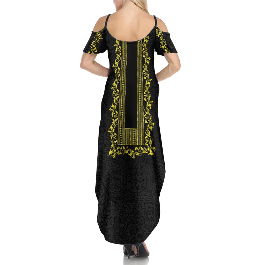 Philippines Polynesian Floral Pattern Summer Maxi Dress With Barong Tagalog Black Style LT03 - Polynesian Pride