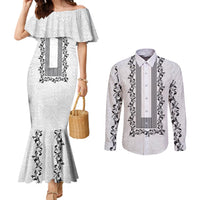Philippines Polynesian Floral Pattern Couples Matching Mermaid Dress and Long Sleeve Button Shirt With Barong Tagalog White Style LT03 White - Polynesian Pride