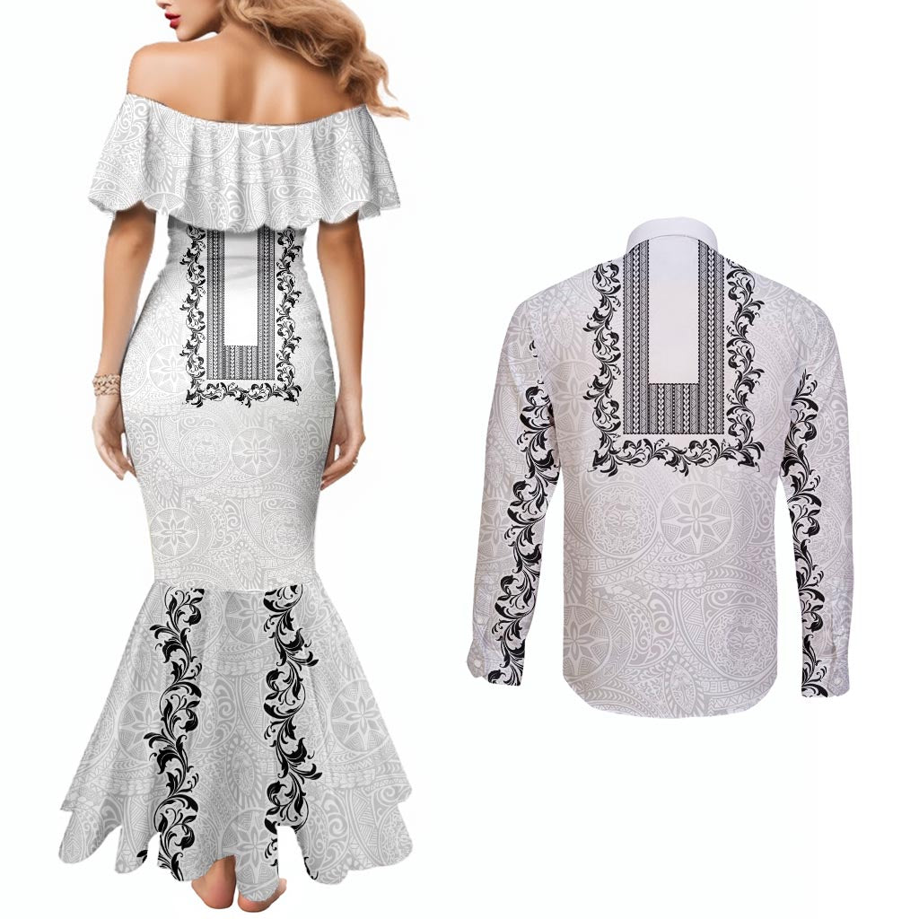 Philippines Polynesian Floral Pattern Couples Matching Mermaid Dress and Long Sleeve Button Shirt With Barong Tagalog White Style LT03 - Polynesian Pride