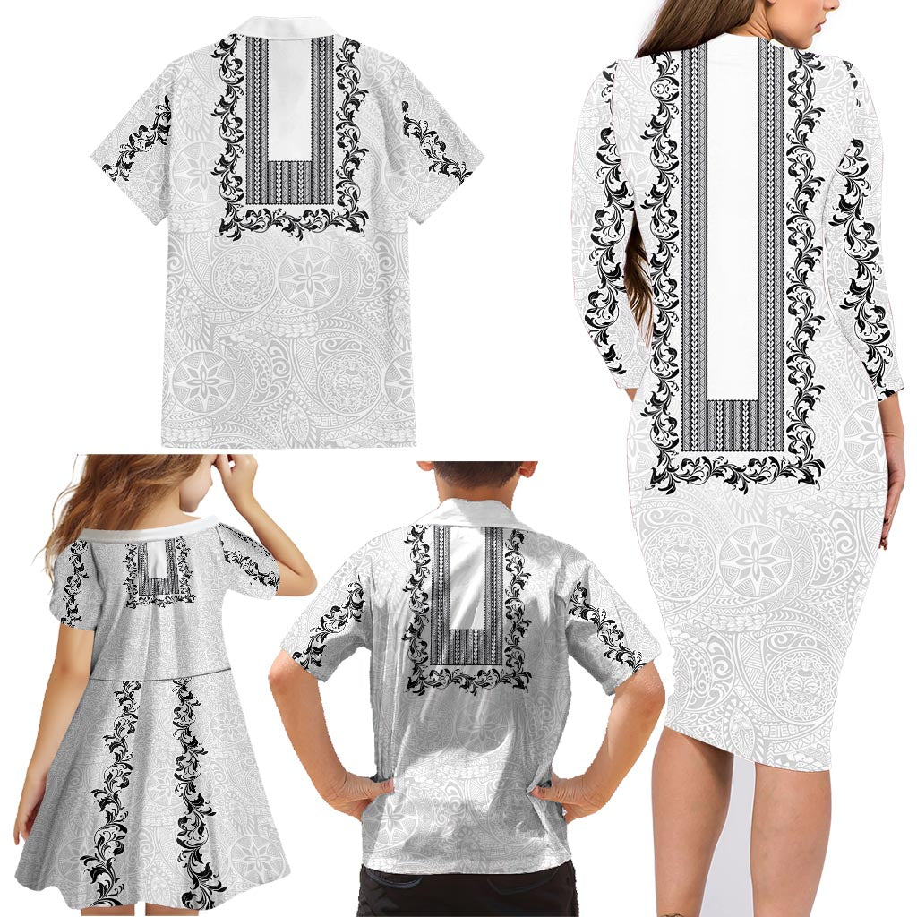 Philippines Polynesian Floral Pattern Family Matching Long Sleeve Bodycon Dress and Hawaiian Shirt With Barong Tagalog White Style LT03 - Polynesian Pride