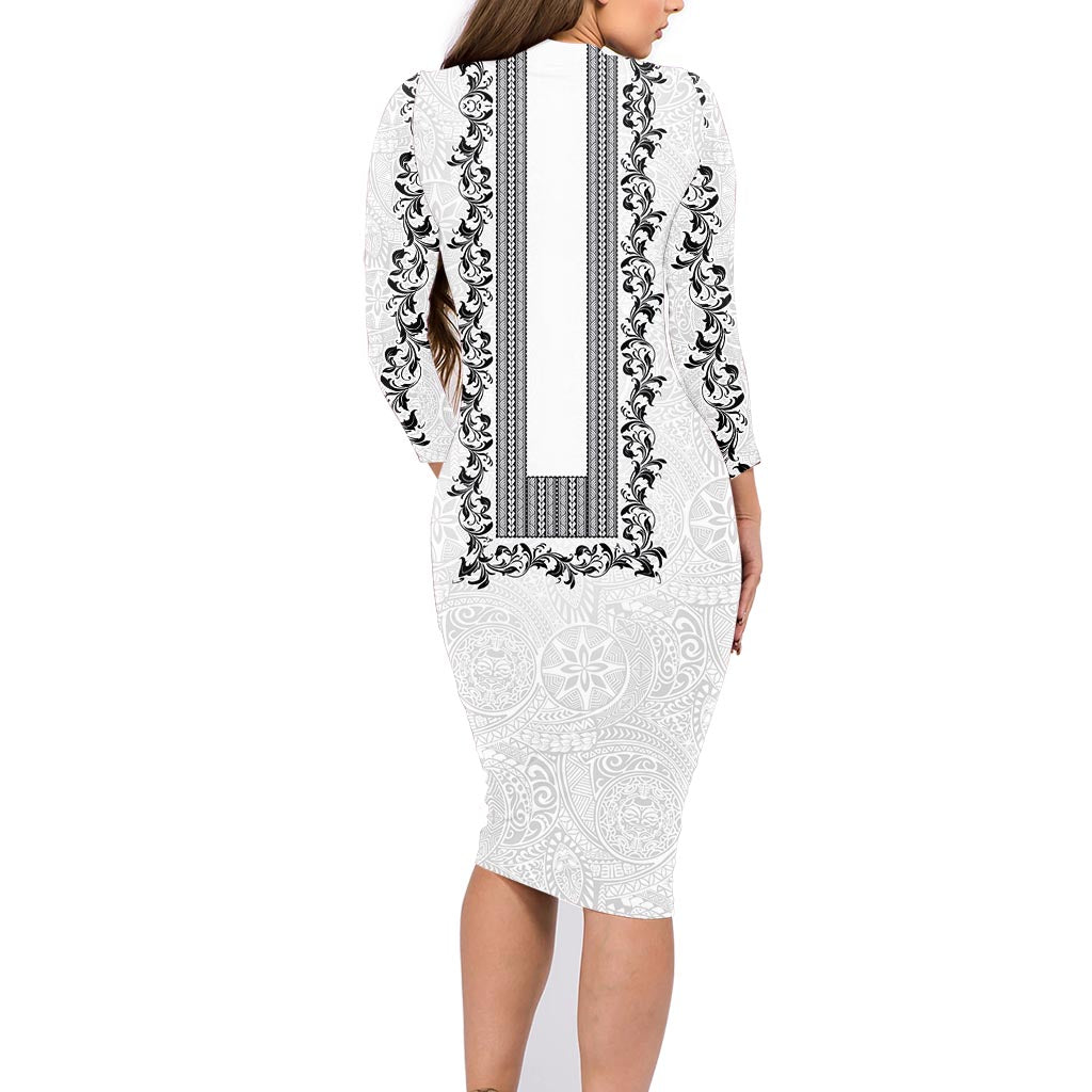 Philippines Polynesian Floral Pattern Family Matching Long Sleeve Bodycon Dress and Hawaiian Shirt With Barong Tagalog White Style LT03 - Polynesian Pride