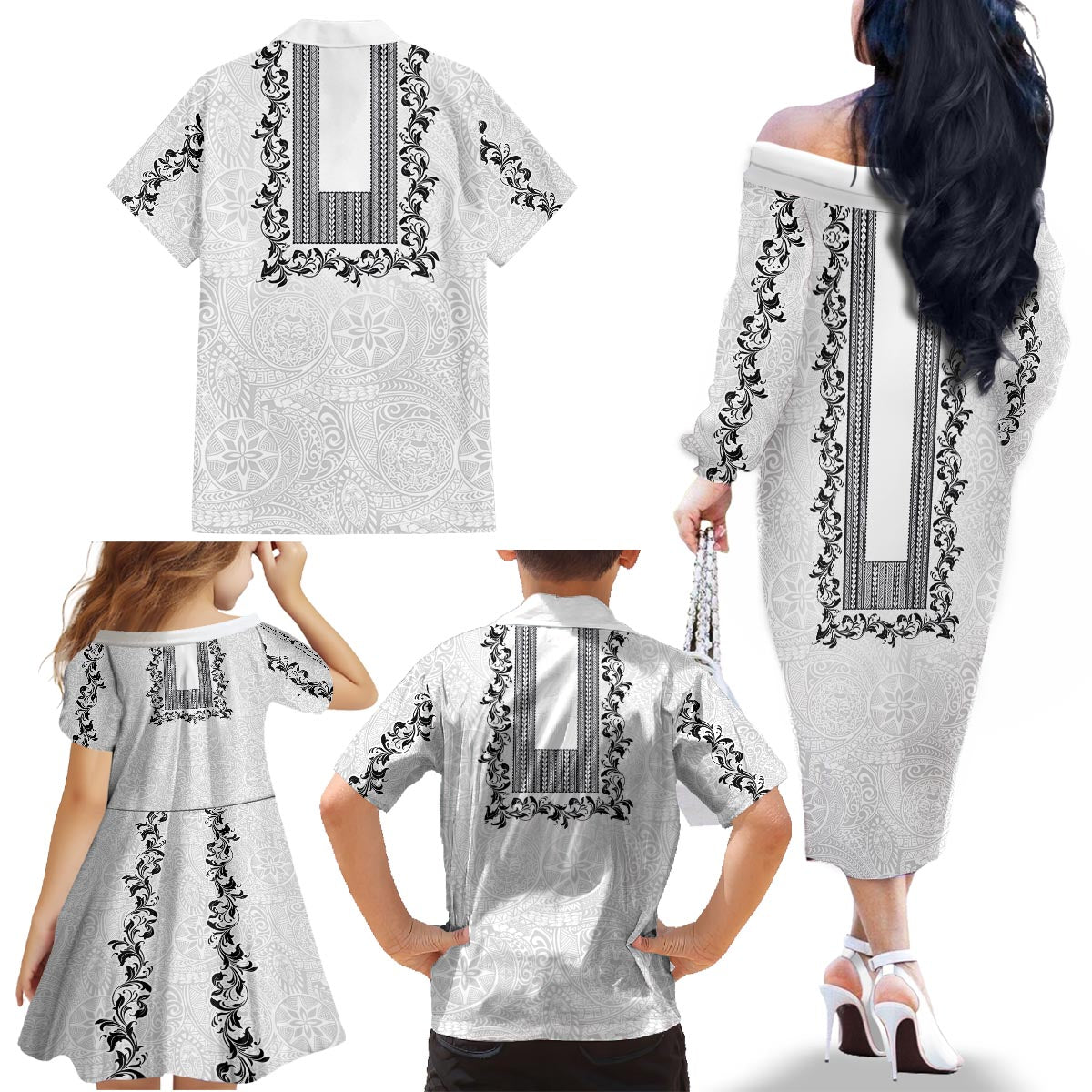 Philippines Polynesian Floral Pattern Family Matching Off The Shoulder Long Sleeve Dress and Hawaiian Shirt With Barong Tagalog White Style LT03 - Polynesian Pride