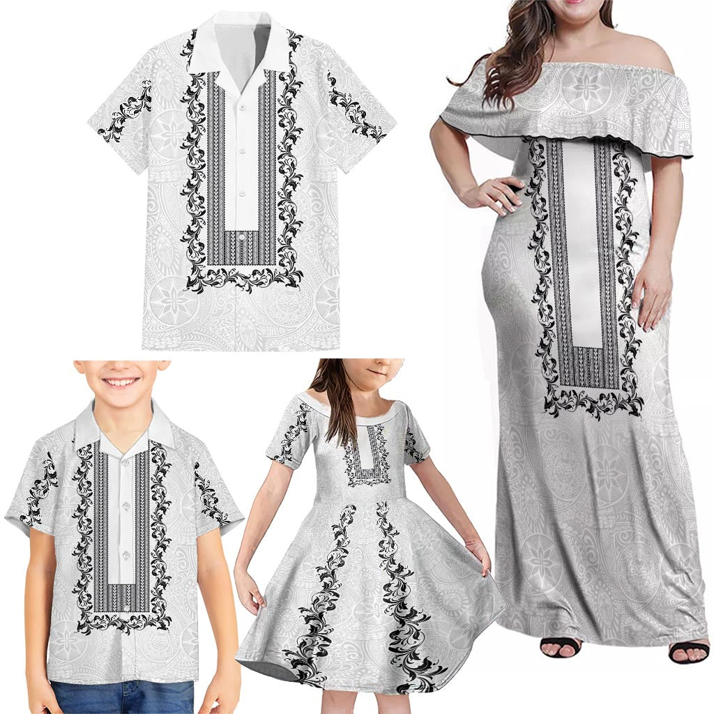 Philippines Polynesian Floral Pattern Family Matching Off Shoulder Maxi Dress and Hawaiian Shirt With Barong Tagalog White Style LT03 - Polynesian Pride