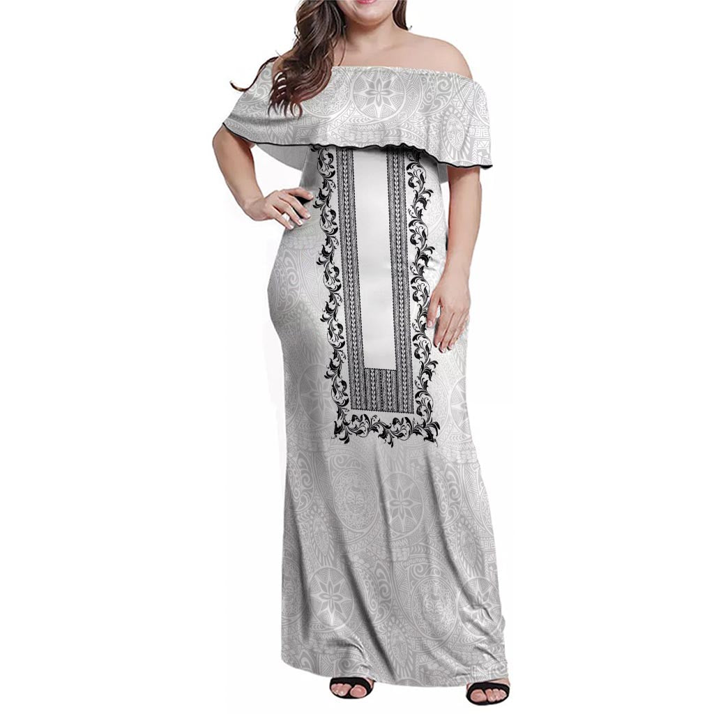 Philippines Polynesian Floral Pattern Family Matching Off Shoulder Maxi Dress and Hawaiian Shirt With Barong Tagalog White Style LT03 Mom's Dress White - Polynesian Pride