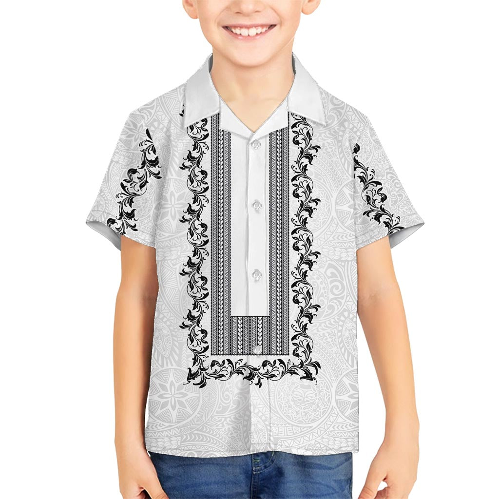 Philippines Polynesian Floral Pattern Family Matching Off Shoulder Maxi Dress and Hawaiian Shirt With Barong Tagalog White Style LT03 Son's Shirt White - Polynesian Pride