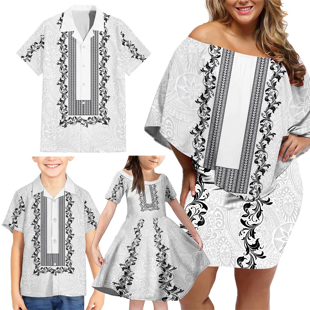 Philippines Polynesian Floral Pattern Family Matching Off Shoulder Short Dress and Hawaiian Shirt With Barong Tagalog White Style LT03 - Polynesian Pride