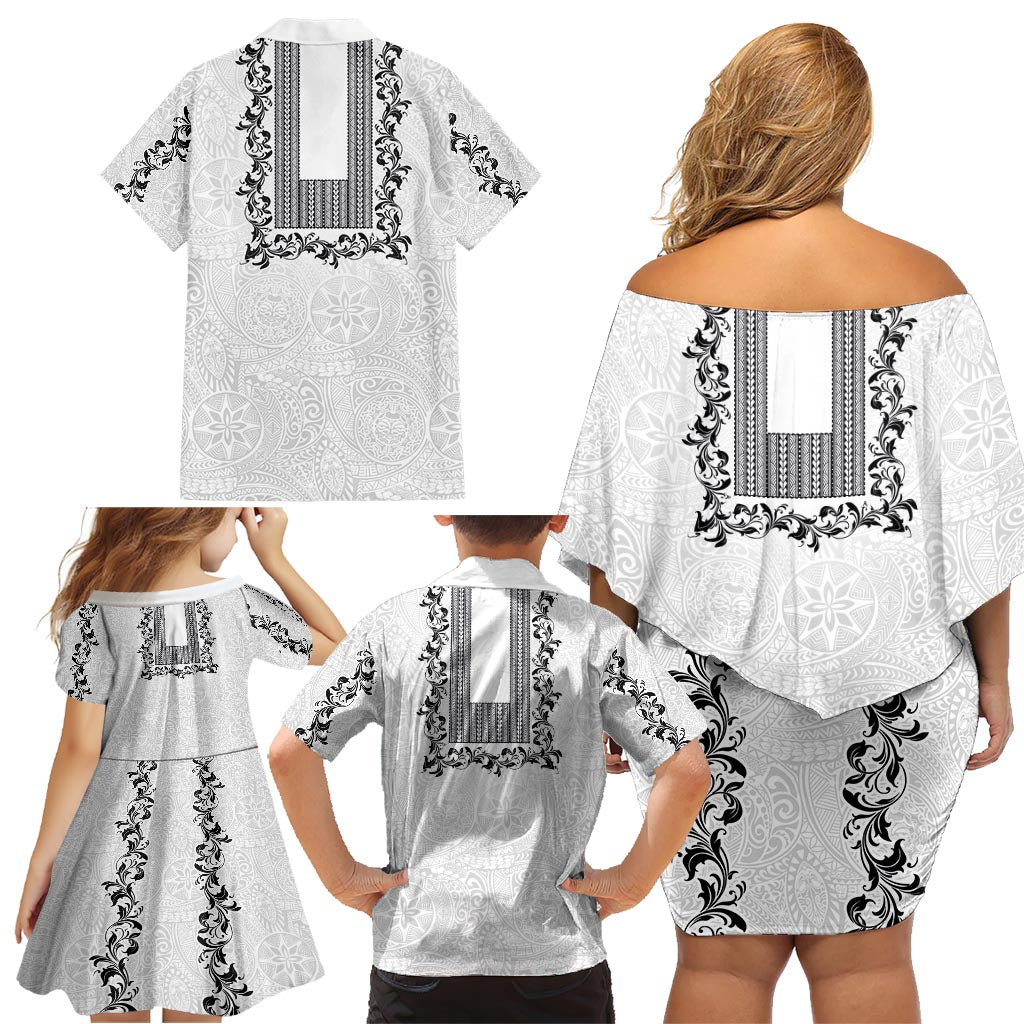 Philippines Polynesian Floral Pattern Family Matching Off Shoulder Short Dress and Hawaiian Shirt With Barong Tagalog White Style LT03 - Polynesian Pride