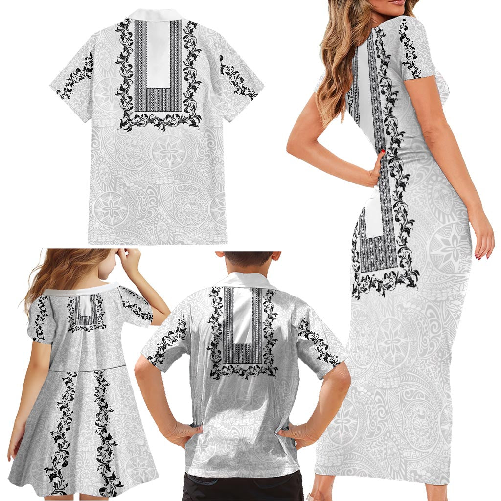 Philippines Polynesian Floral Pattern Family Matching Short Sleeve Bodycon Dress and Hawaiian Shirt With Barong Tagalog White Style LT03 - Polynesian Pride
