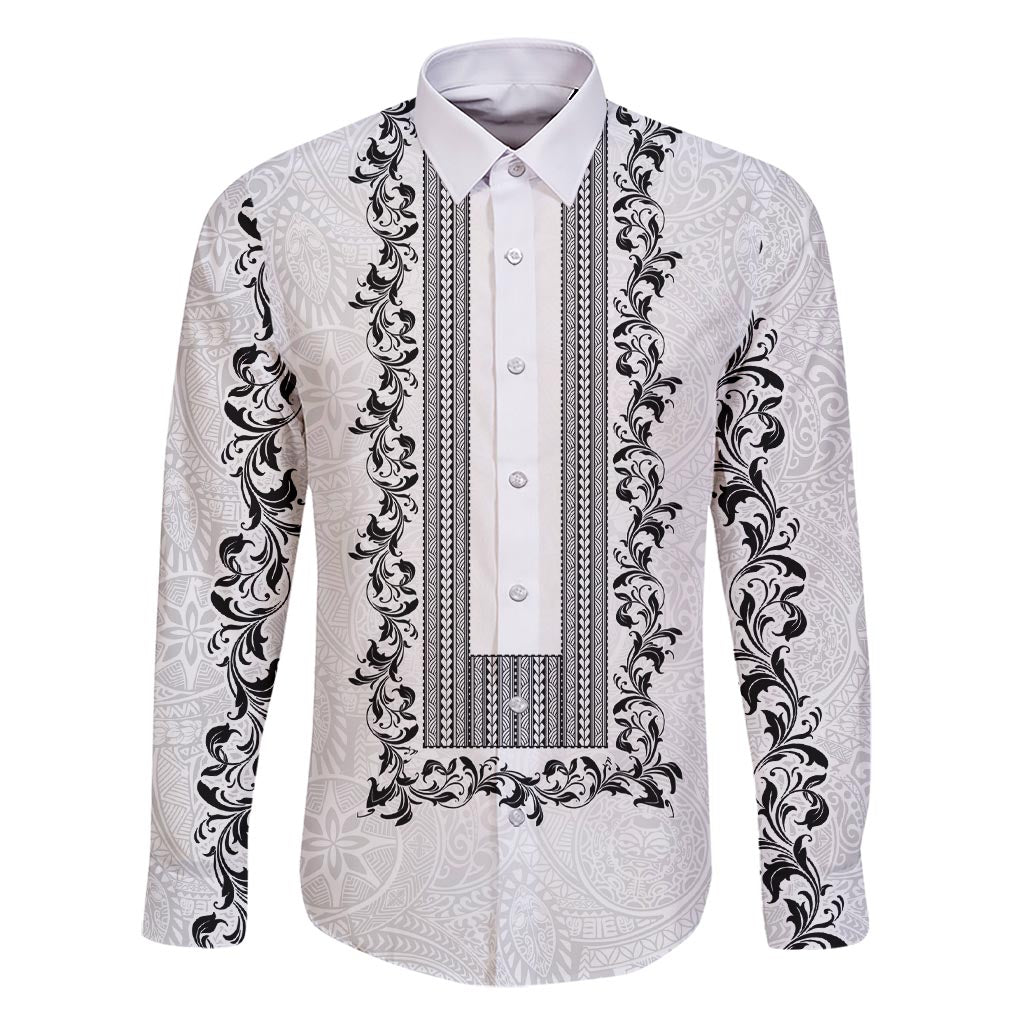 Philippines Polynesian Floral Pattern Family Matching Short Sleeve Bodycon Dress and Hawaiian Shirt With Barong Tagalog White Style LT03 Dad's Shirt - Long Sleeve White - Polynesian Pride