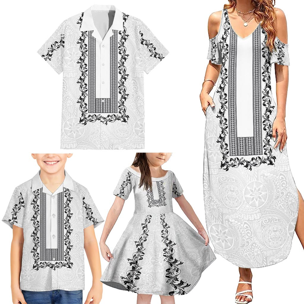 Philippines Polynesian Floral Pattern Family Matching Summer Maxi Dress and Hawaiian Shirt With Barong Tagalog White Style LT03 - Polynesian Pride